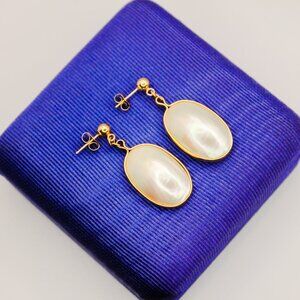 Vintage 14K Yellow Gold Mabe Pearl Oval Dangle Drop Earrings Signed